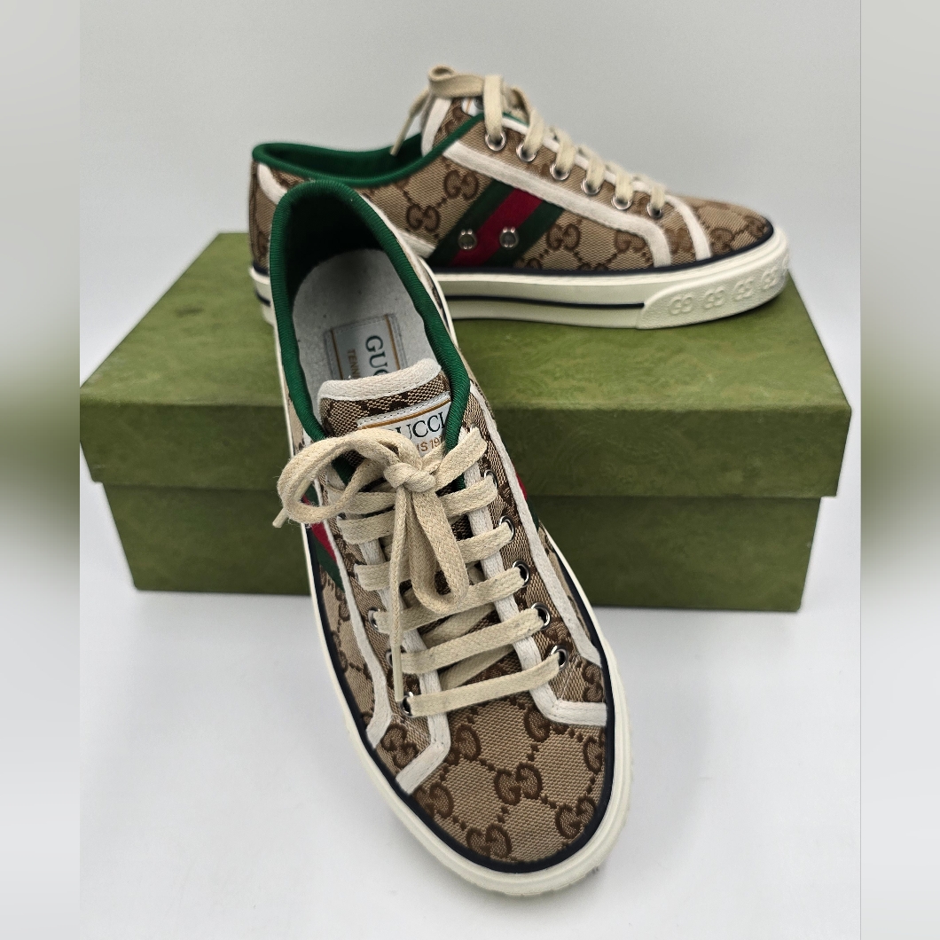 Gucci Beige Monogram Canvas Sneakers With Green & Red Web Stripe